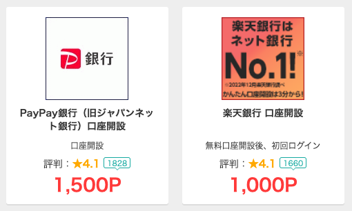 ポイントサイトに掲載されているネット銀行とポイント還元率の一例